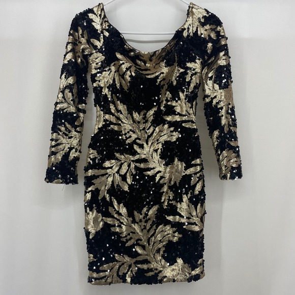 Akira Size Small Sequin Mini Dress Black Gold Leaf Off Shoulder Bodycon Party - Picture 3 of 9